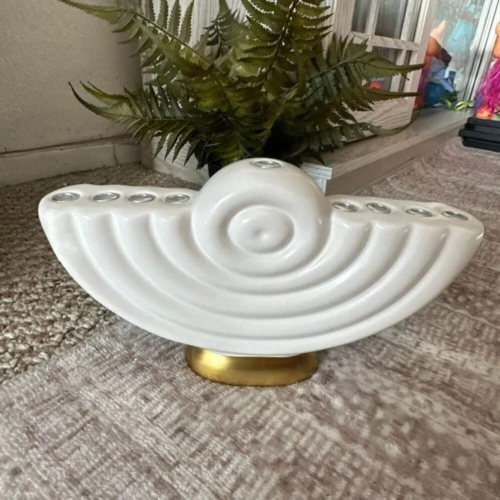 White & Gold ceramic Menorah 10” wide Hanukkah